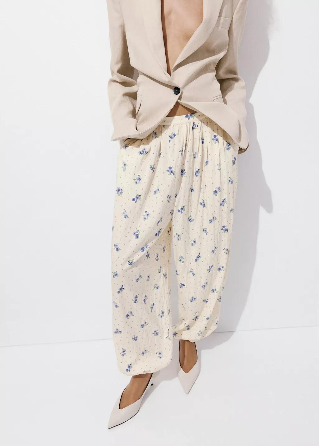 White Floral Print Baggy Trousers, White, large image number 4