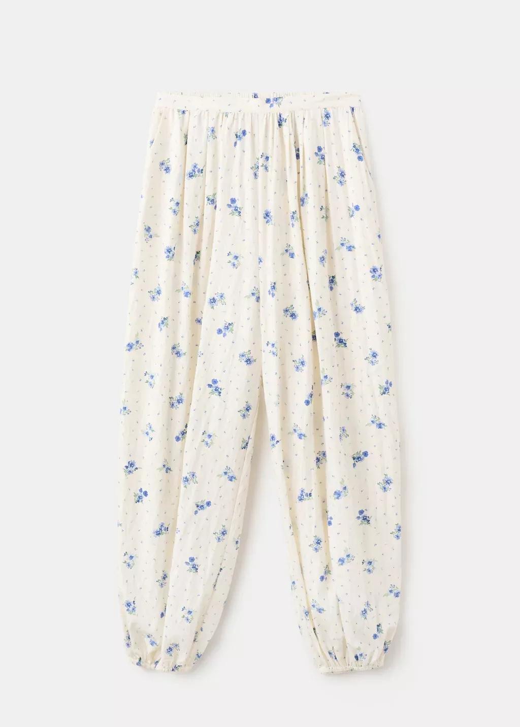 White Floral Print Baggy Trousers, White, large image number 7