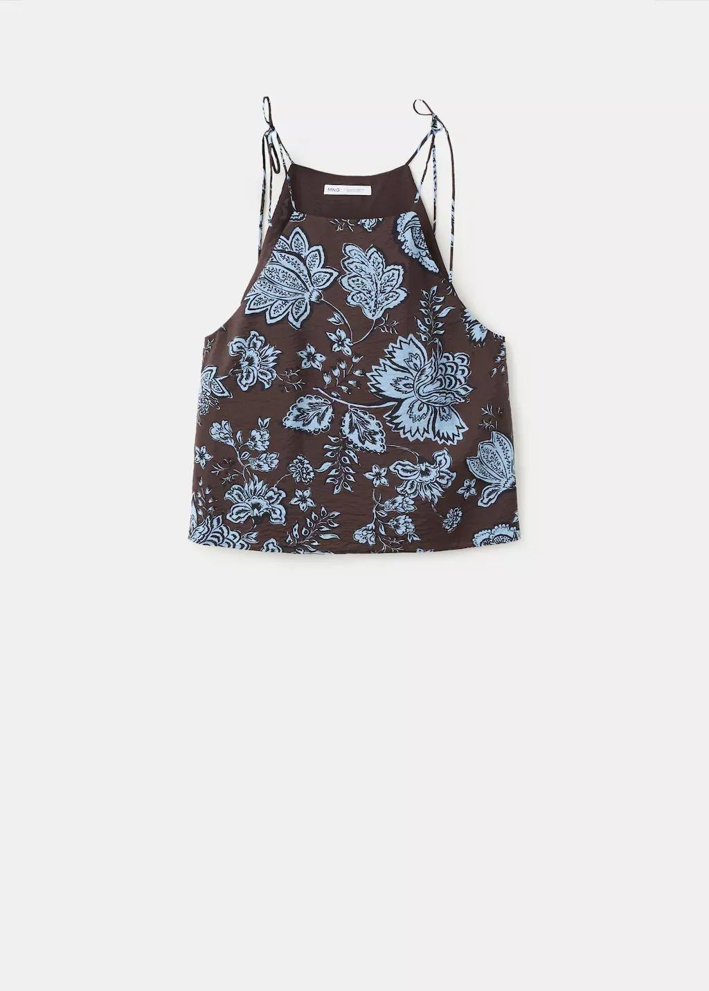 Brown Floral Print Halter Top, Brown, medium