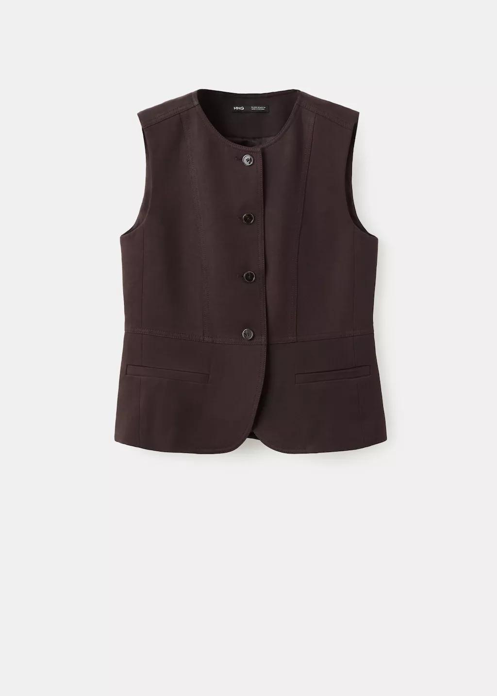Brown Lyocell Buttoned Gilet, Dark Brown, medium