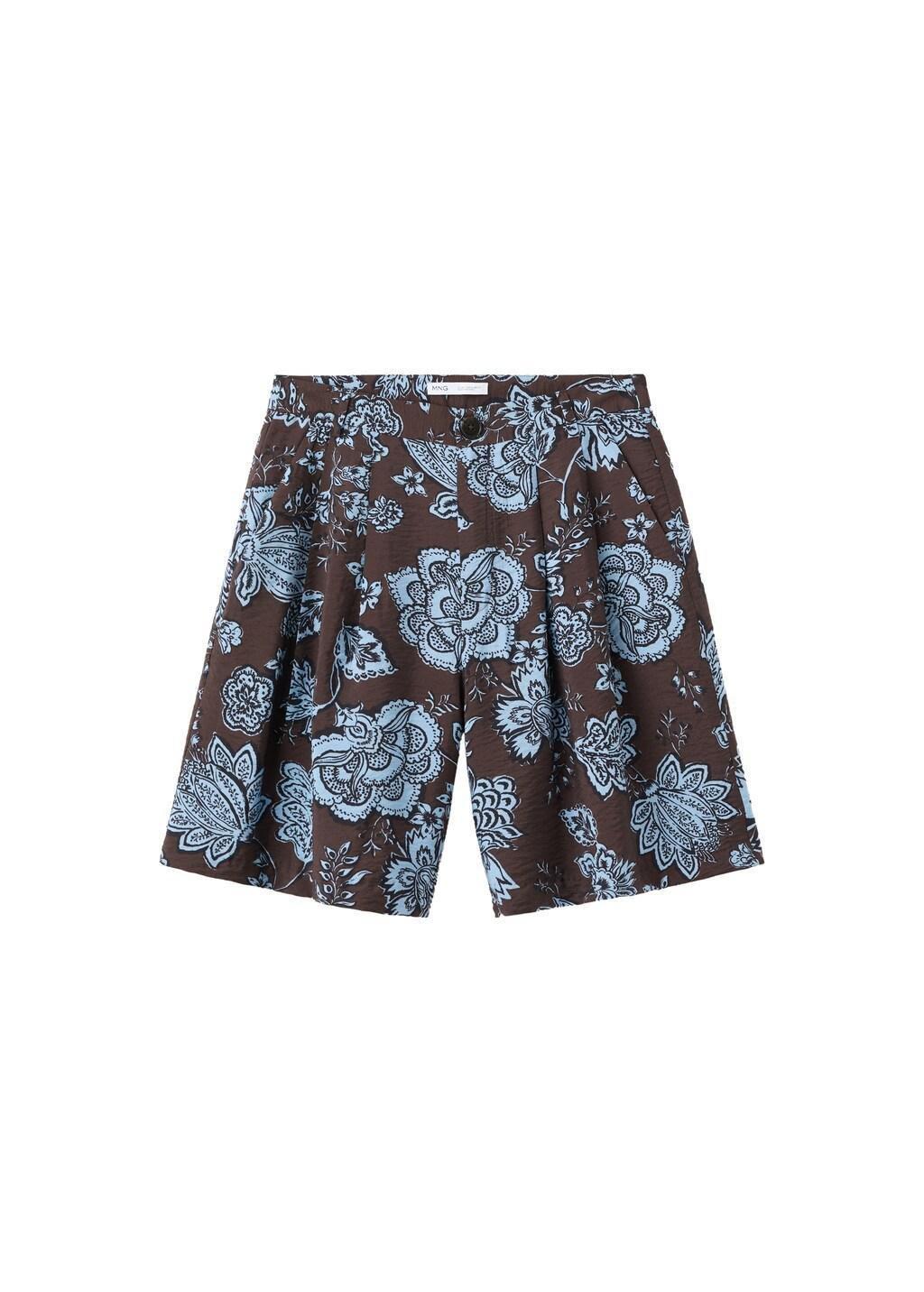 Brown Pleated Floral Print Shorts, Brown, large image number 4