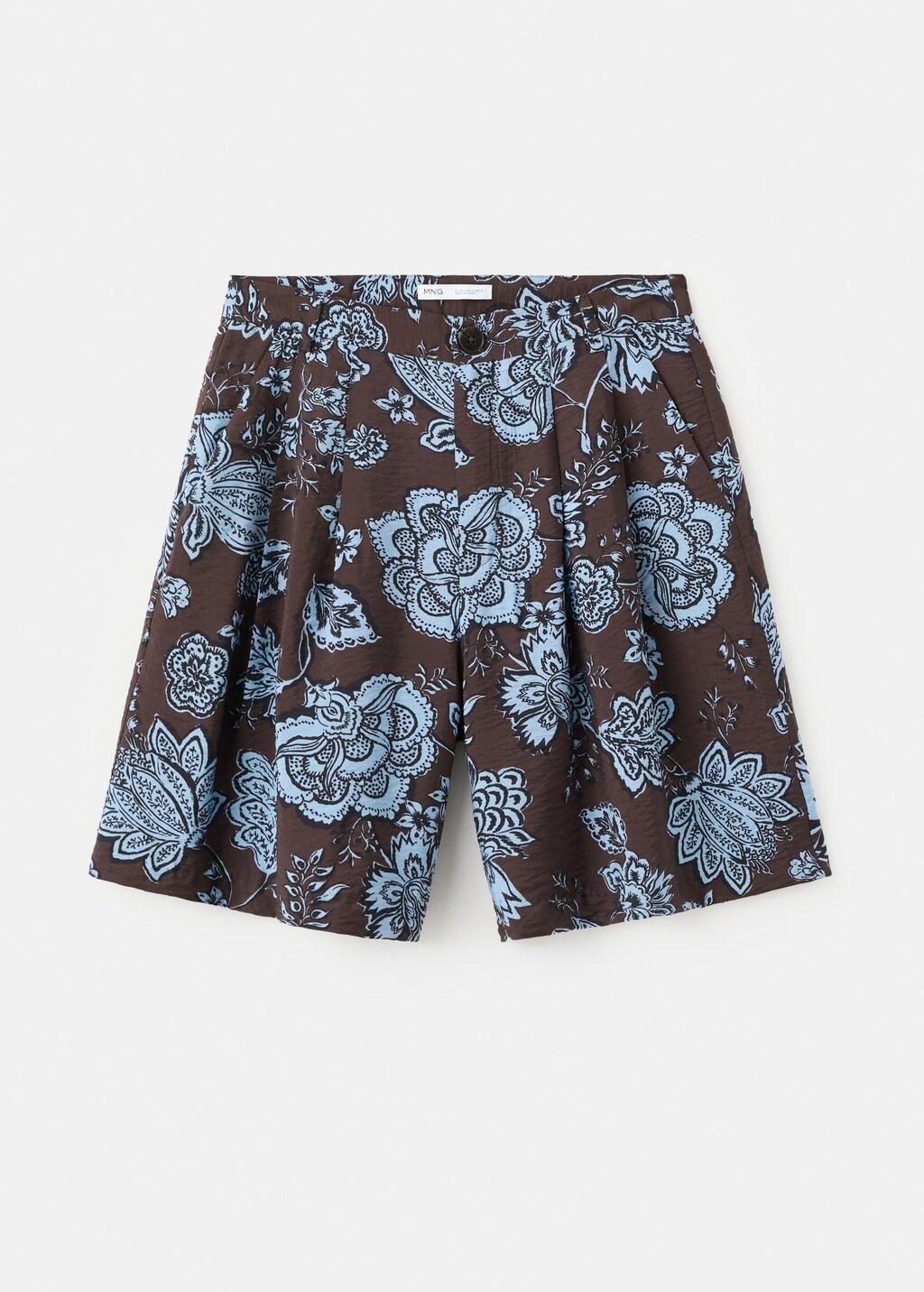 Brown Pleated Floral Print Shorts, Brown, large image number 5