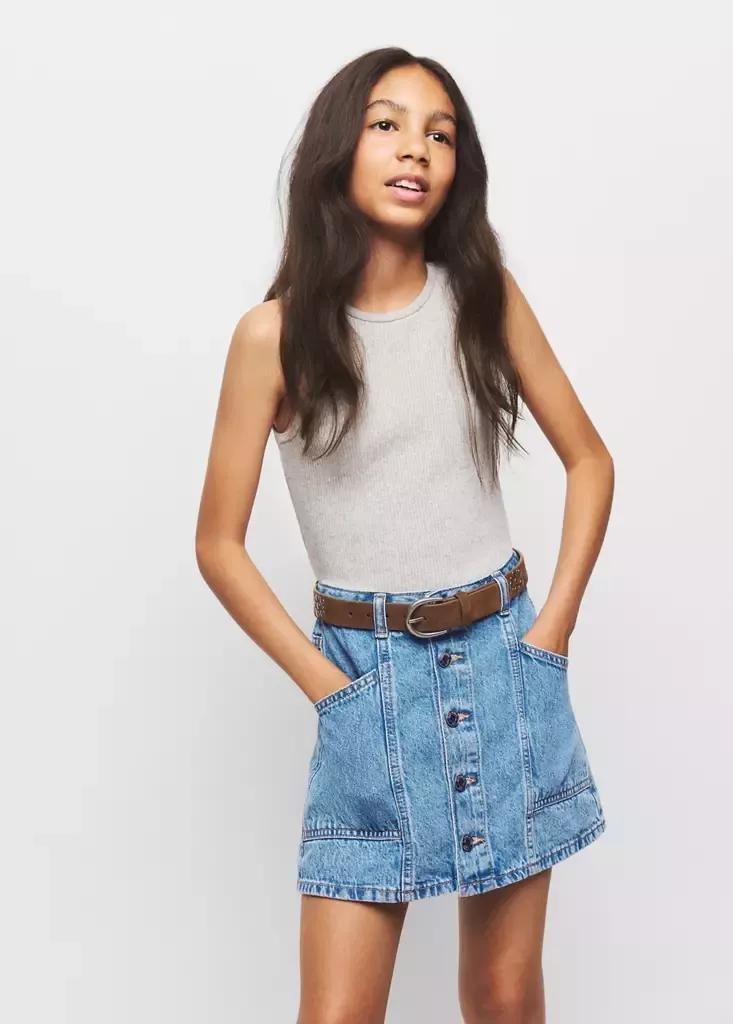 Blue Denim Skirt With Buttons, Kids Girls, Open Blue, medium