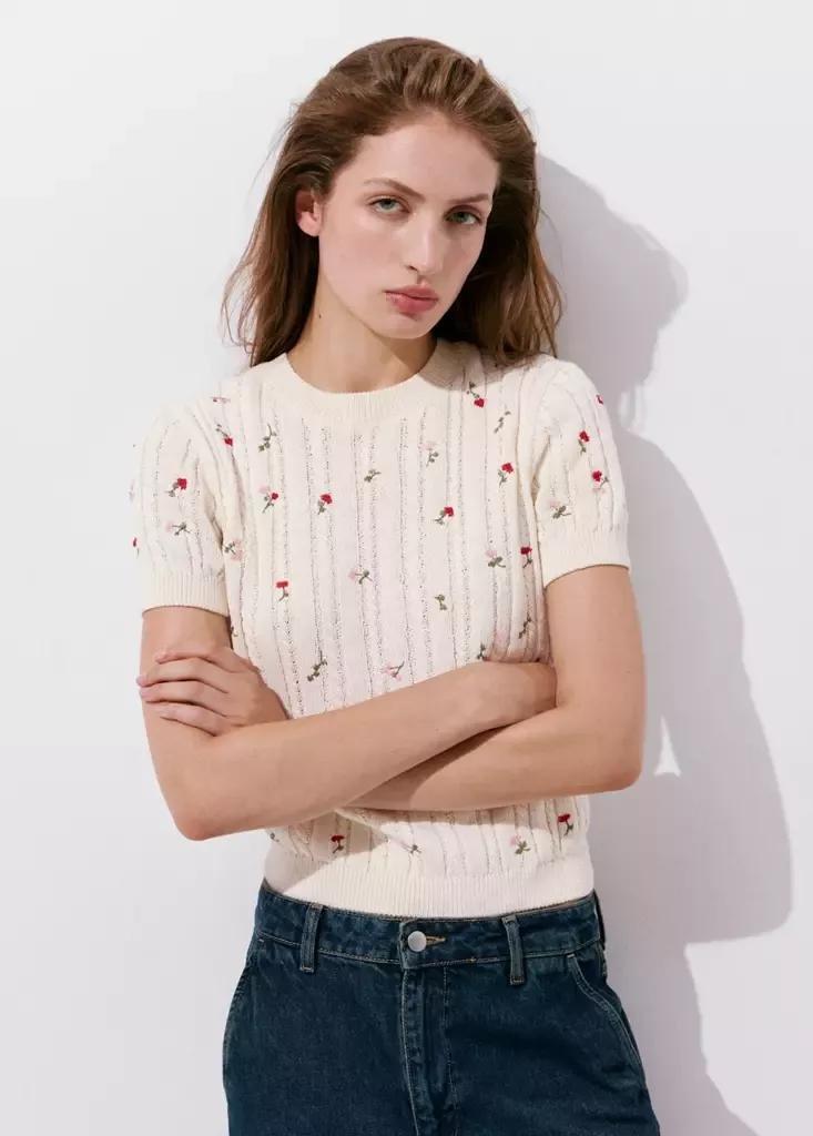 LIGHT BEIGE Ribbed jersey with floral embroidery, Light Beige, large image number 0