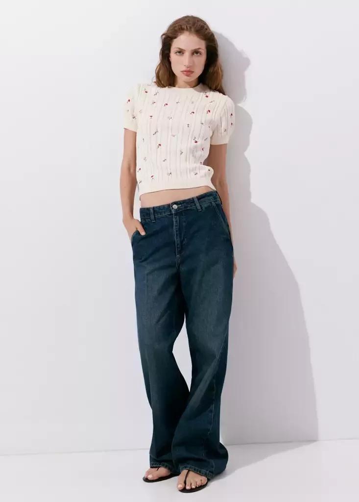 LIGHT BEIGE Ribbed jersey with floral embroidery, Light Beige, medium