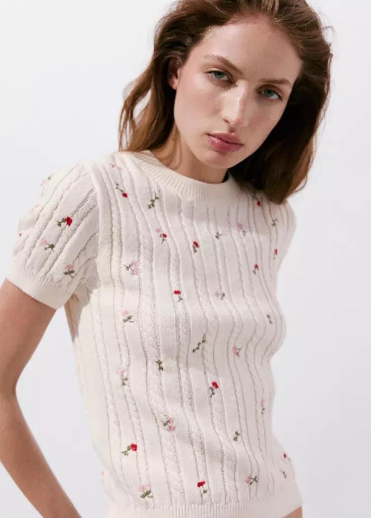 LIGHT BEIGE Ribbed jersey with floral embroidery, Light Beige, large image number 3