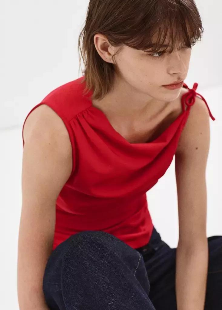 Red Asymmetric Ruched Top, Red, medium