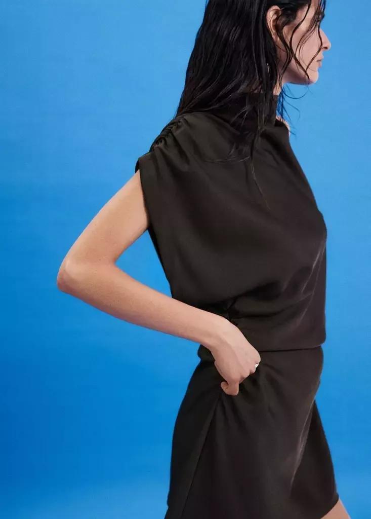 Brown Asymmetric Side Ruched Dress, Brown, medium