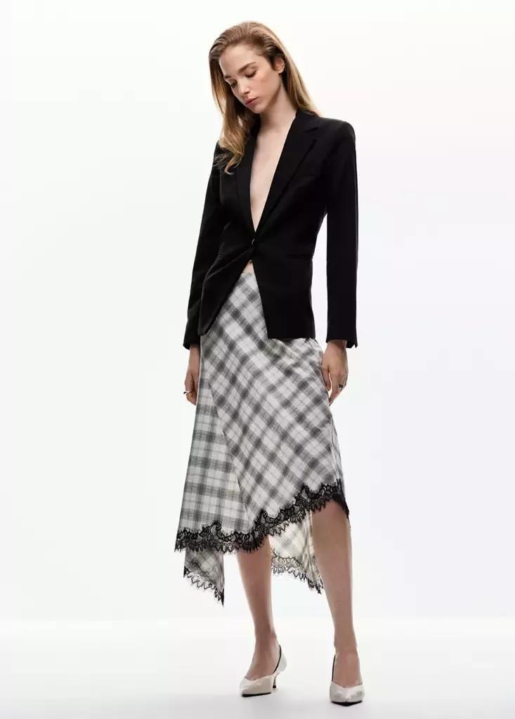 White Fluid Midi Checked Skirt, , medium