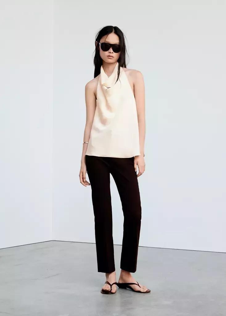 Cream Draped Neck Satin Top, , medium