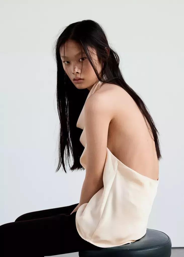 Cream Draped Neck Satin Top, , medium