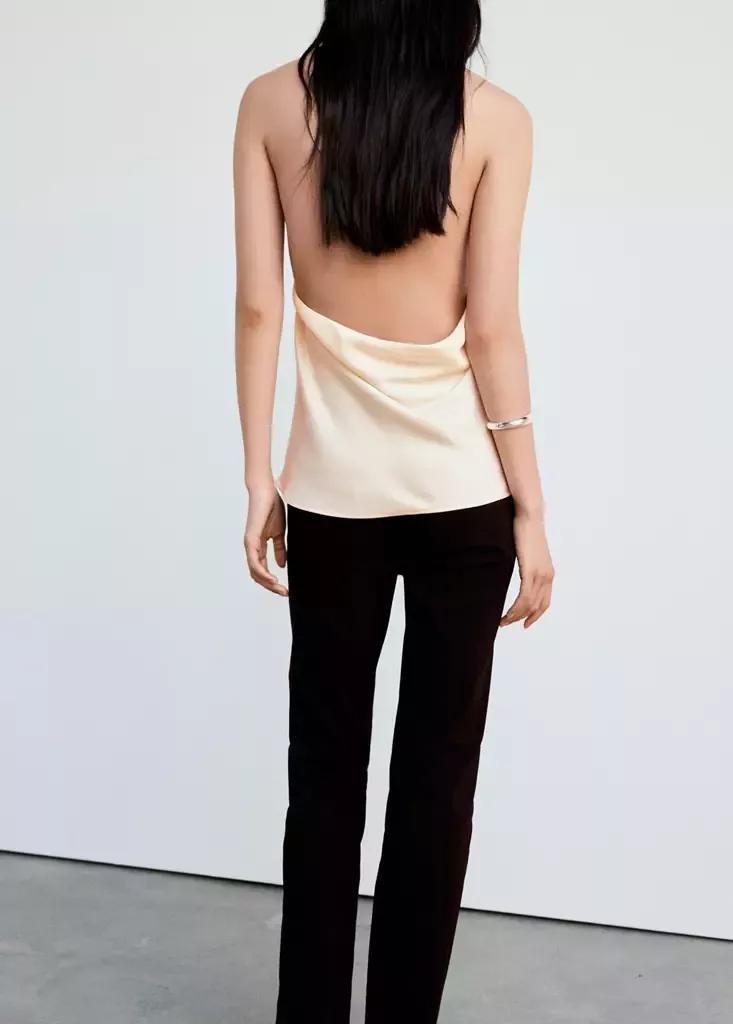 Cream Draped Neck Satin Top, , large image number 2