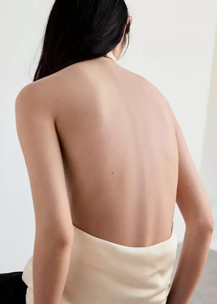Cream Draped Neck Satin Top, , large image number 3