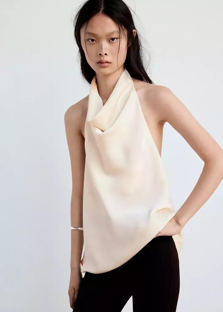 Cream Draped Neck Satin Top, , large image number 4