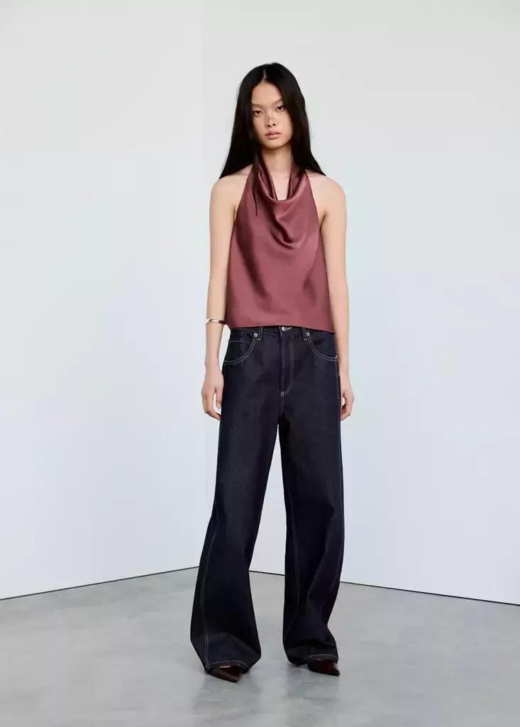 Purple Draped Neck Satin Top, , medium