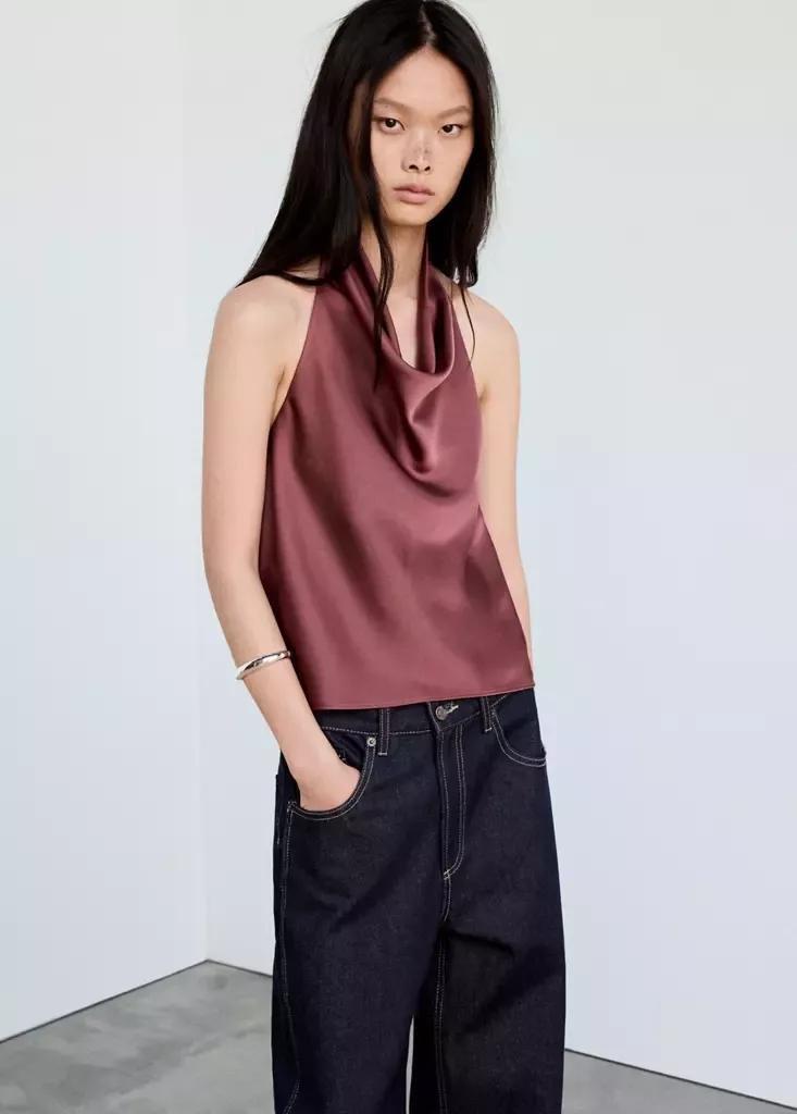 Purple Draped Neck Satin Top, , medium