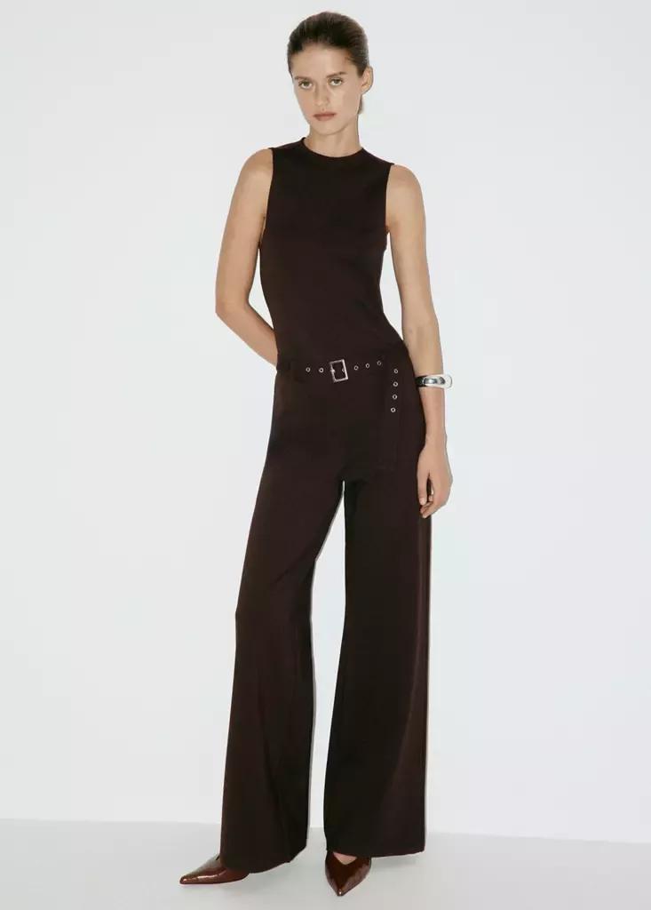 Brown Long Jumpsuit With Belt And Buckle, , medium