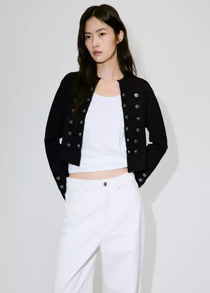 Black Fine-Knit Buttoned Jacket, Black, medium