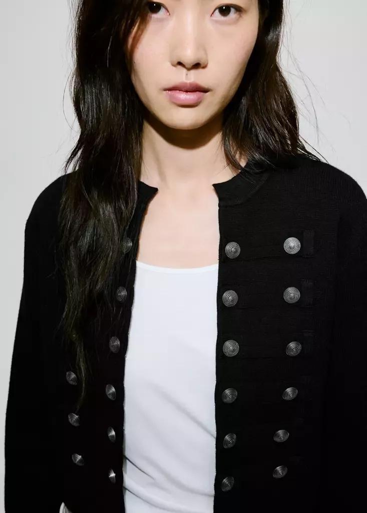 Black Fine-Knit Buttoned Jacket, Black, large image number 3