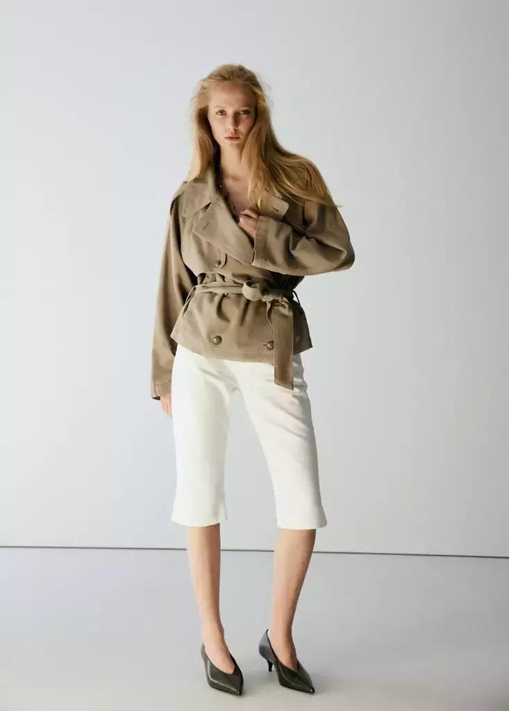 Beige Fitted Trench With Belt, , medium