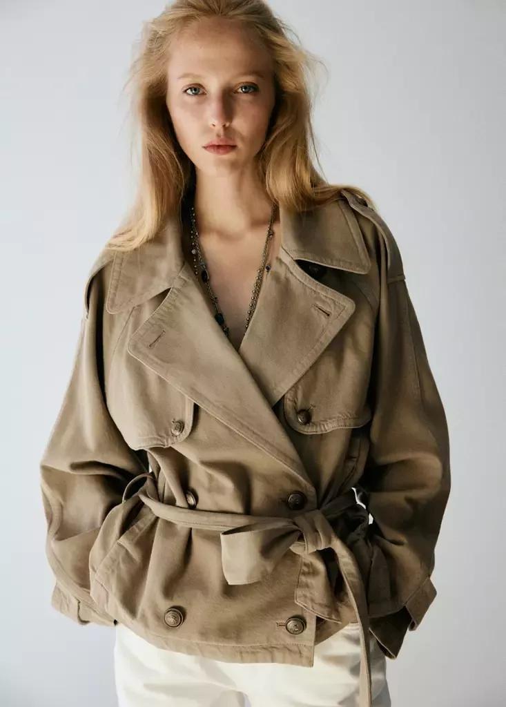 Beige Fitted Trench With Belt, , medium