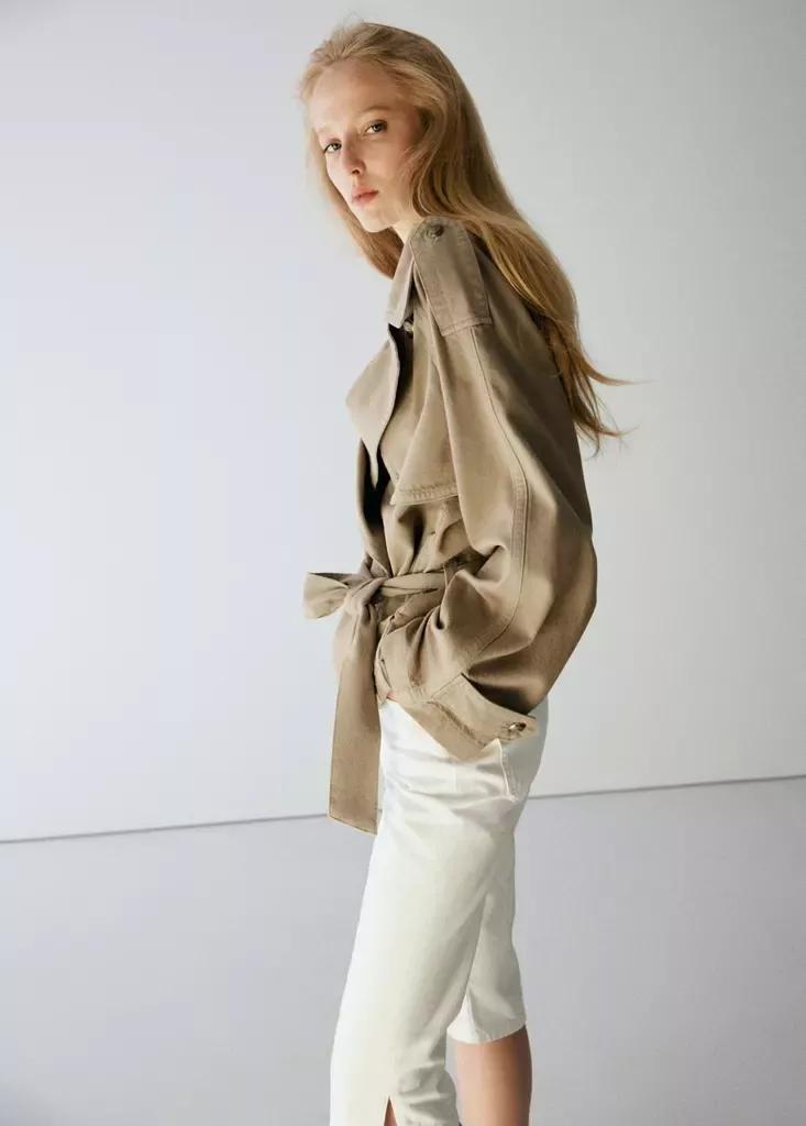 Beige Fitted Trench With Belt, , large image number 4