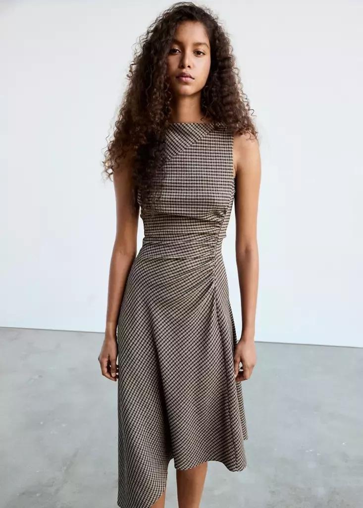 Brown Checked Dress With An Asymmetric Hem, Brown, medium