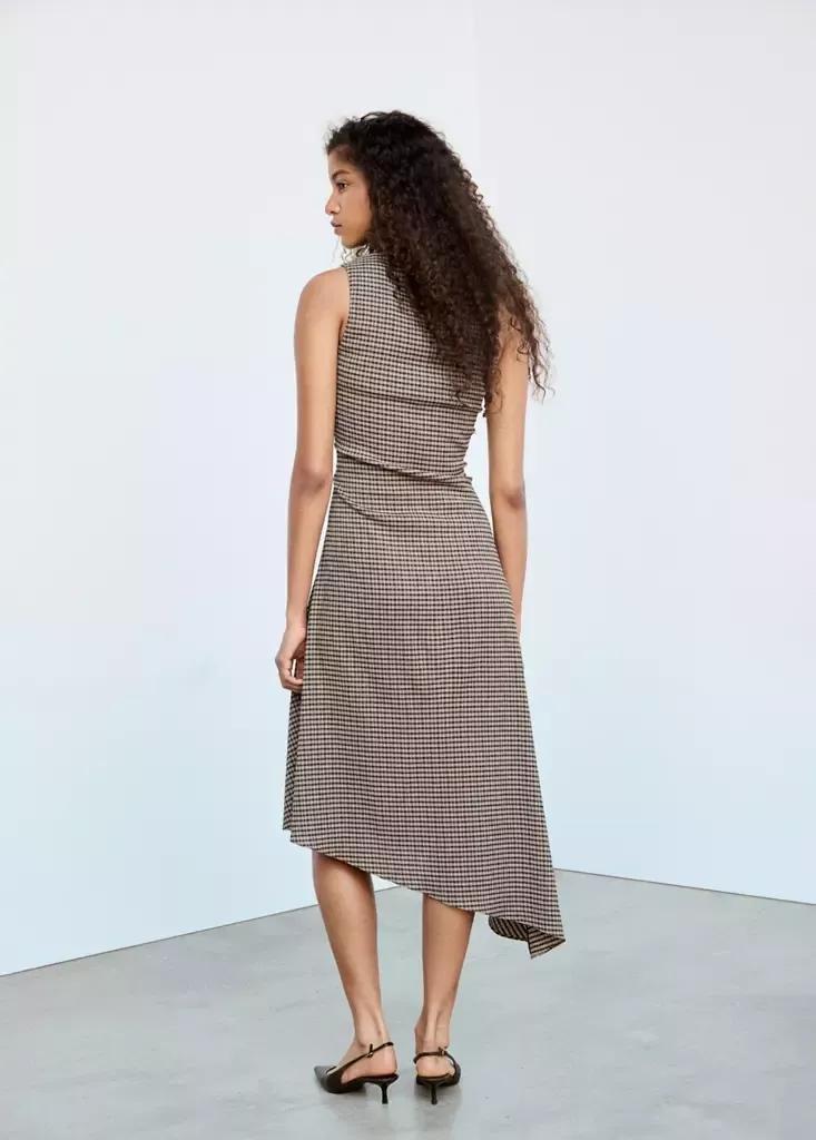 Brown Checked Dress With An Asymmetric Hem, Brown, medium