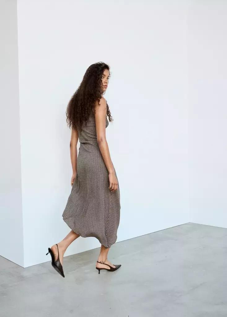 Brown Checked Dress With An Asymmetric Hem, Brown, large image number 3