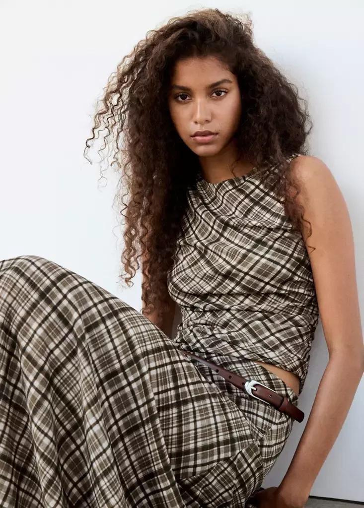 Brown Draped Checkered Top, Brown, medium