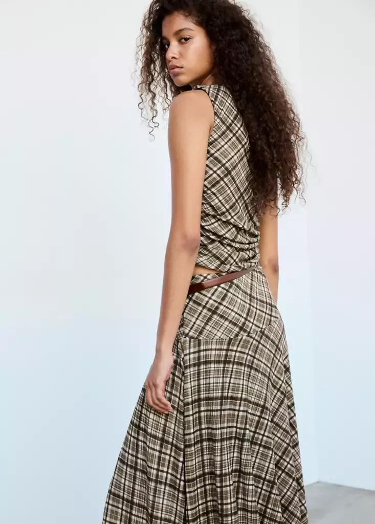 Brown Draped Checkered Top, Brown, medium