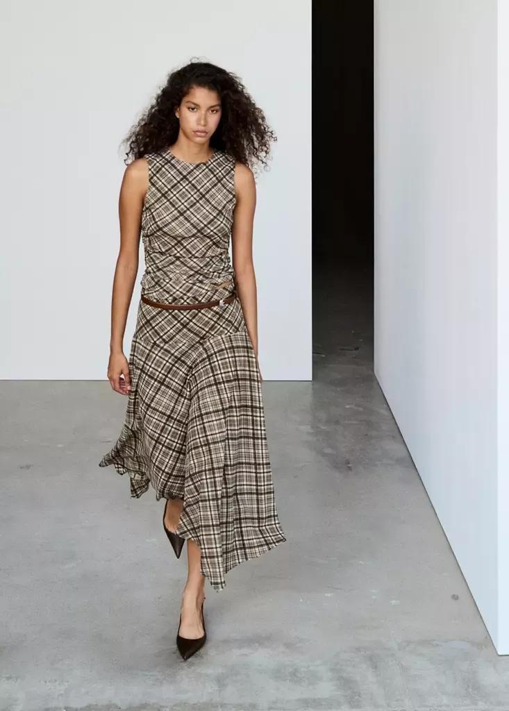 Brown Draped Checkered Top, Brown, medium