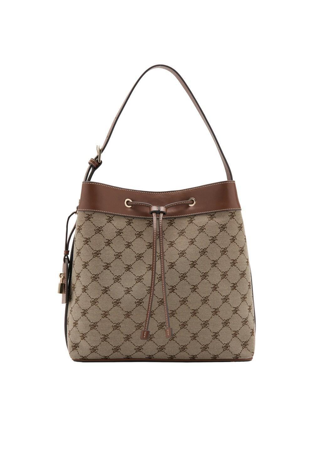 Brown Jacquard Bucket Bag With Logo, Medium Brown, large image number 2