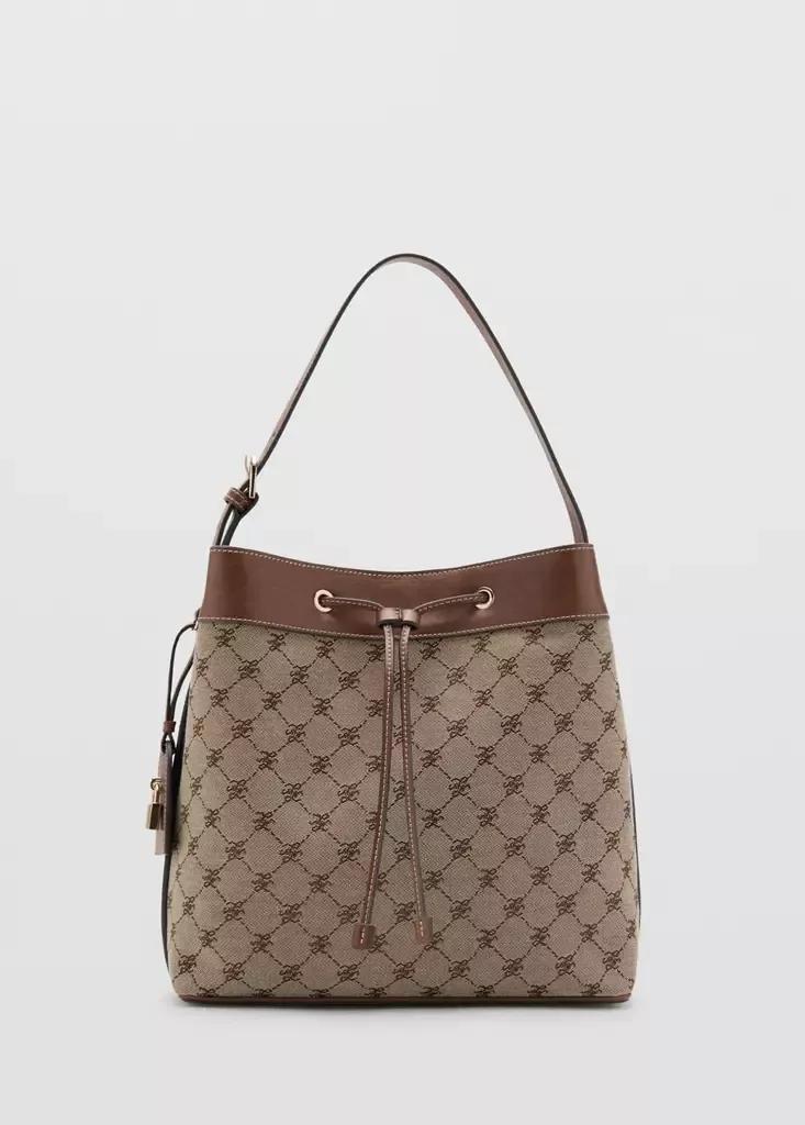 Brown Jacquard Bucket Bag With Logo, Medium Brown, large image number 4