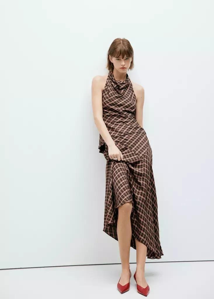 BROWN Draped checkered top, Brown, medium