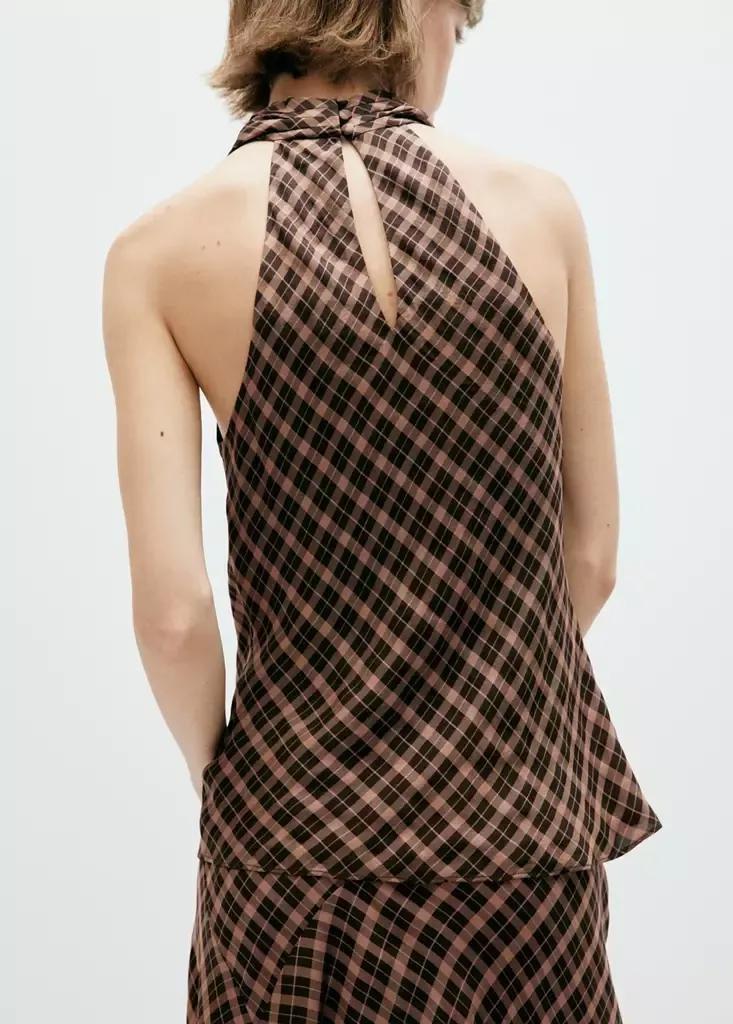 BROWN Draped checkered top, Brown, medium