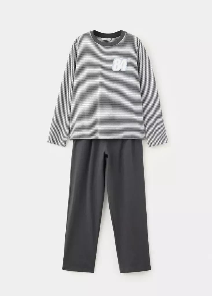 Grey Long Printed Striped Pyjamas, , medium