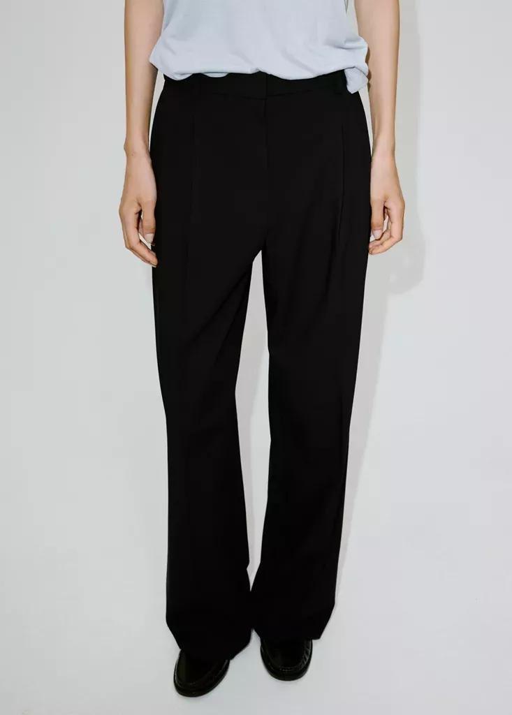 Black Straight-Fit Pleated Trousers, Black, medium