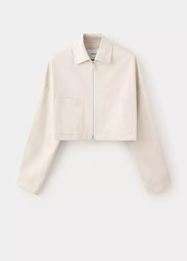 Cream Cropped Jacket With Pockets, , large image number 5