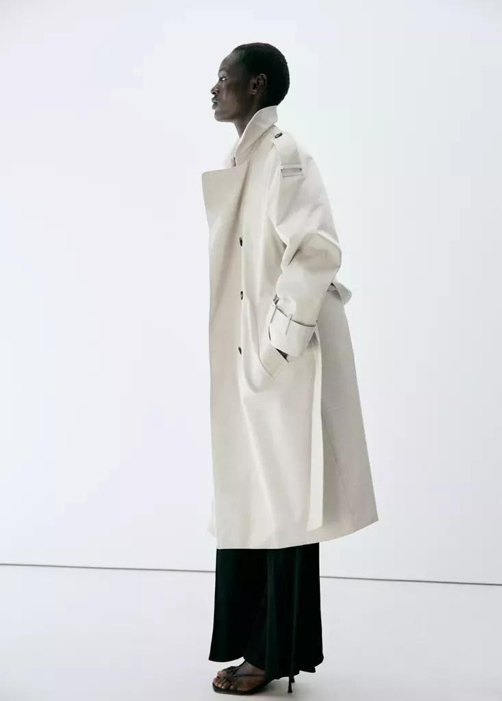 Grey Long Double-Breasted Trench Coat, , medium