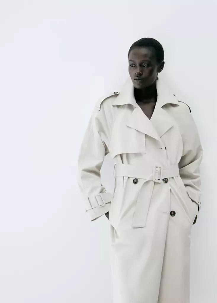 Grey Long Double-Breasted Trench Coat, , medium