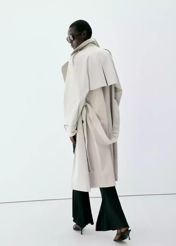 Grey Long Double-Breasted Trench Coat, , large image number 2