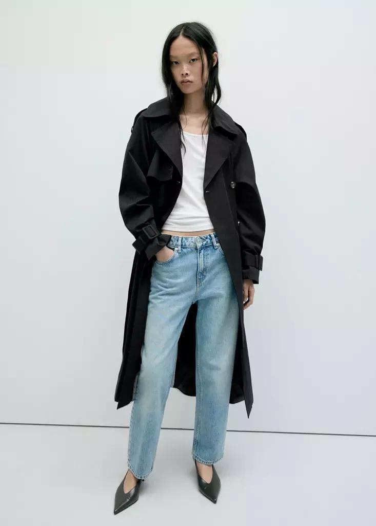 Black Long Double-Breasted Trench Coat, , large image number 0