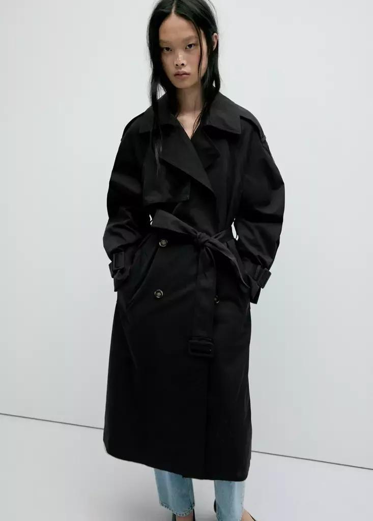 Black Long Double-Breasted Trench Coat, , large image number 1