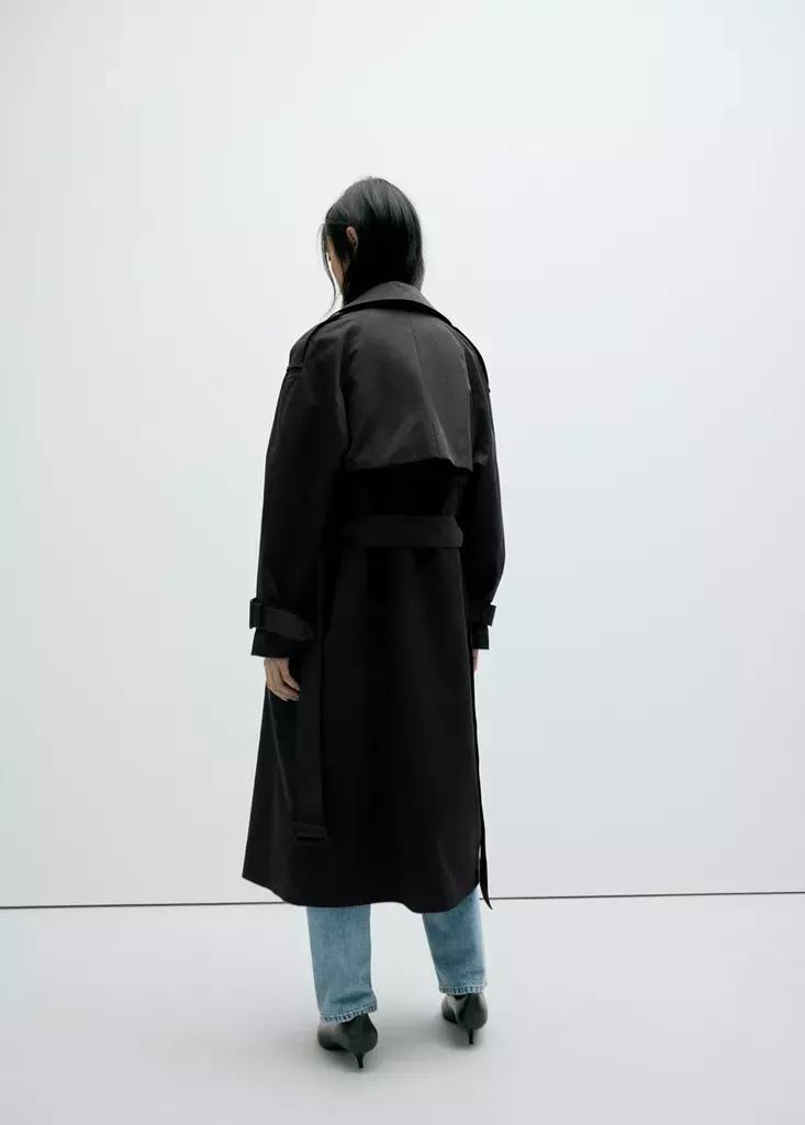Black Long Double-Breasted Trench Coat, , large image number 2