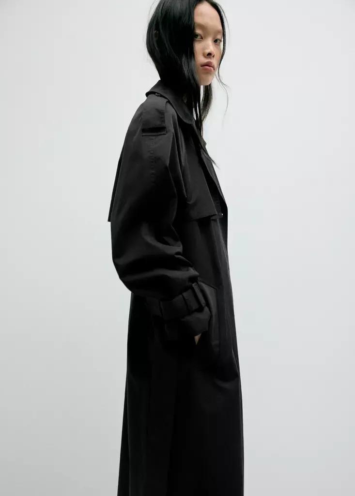 Black Long Double-Breasted Trench Coat, , large image number 4