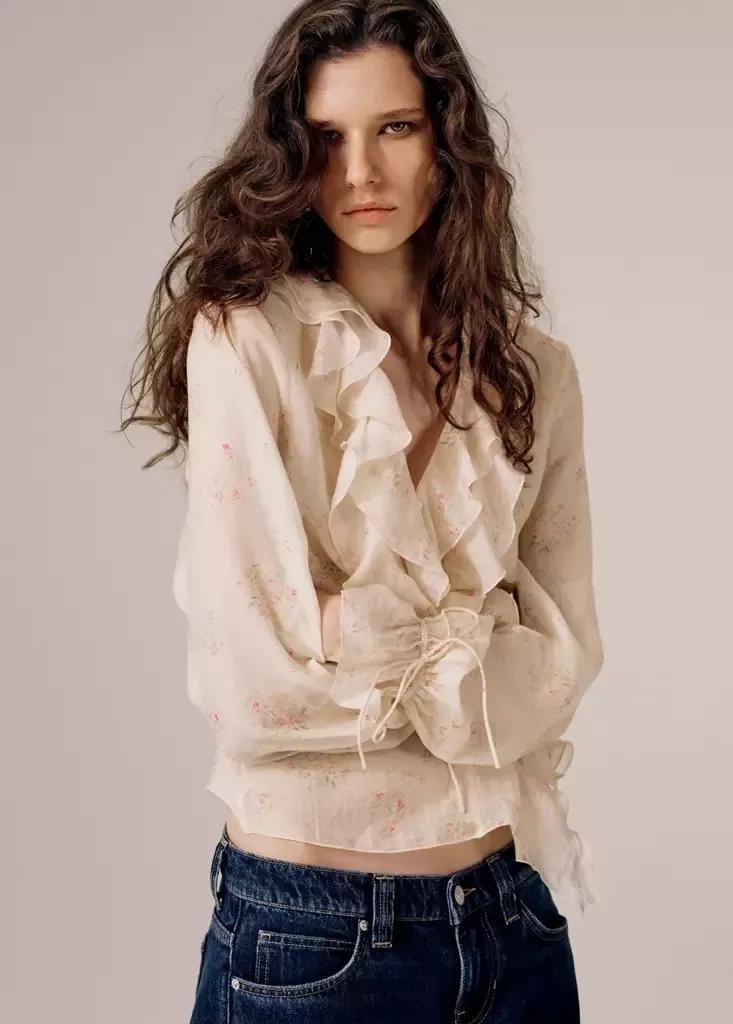Pink Blouse With Floral Print And Ruffles, , medium