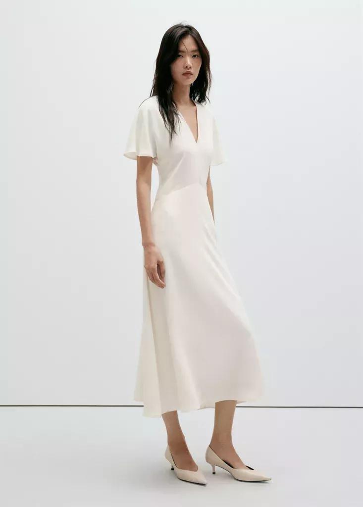 White V-Neck Short-Sleeved Dress, , large image number 0