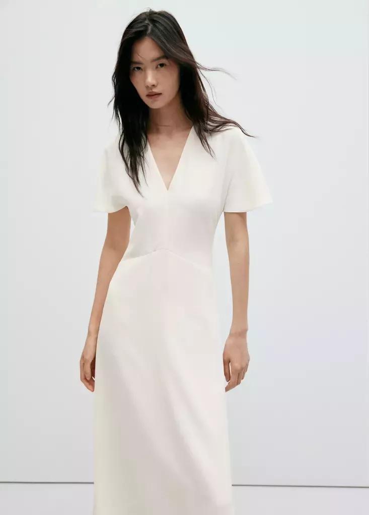White V-Neck Short-Sleeved Dress, , medium