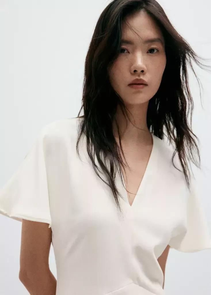 White V-Neck Short-Sleeved Dress, , large image number 3